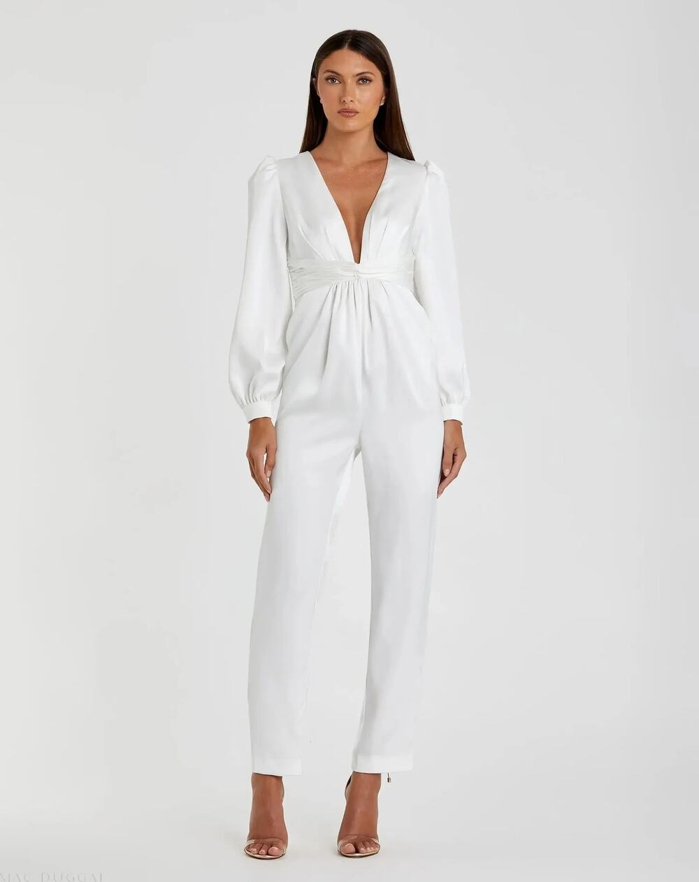 IEENA for Mac Duggal A2647 Jumpsuit Front Twist Puff Sleeve Deep V White NWT 4